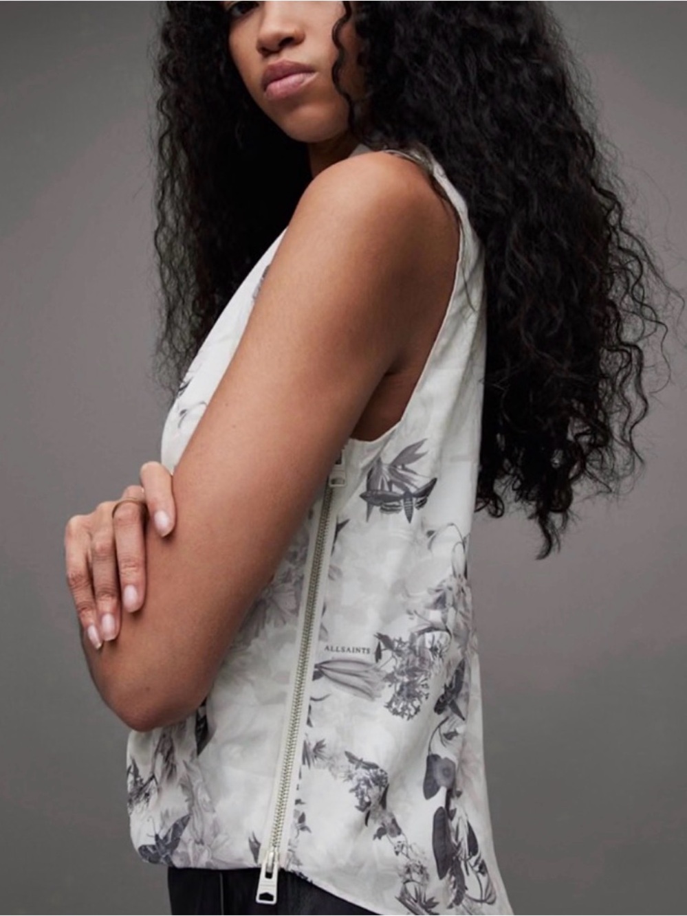 Allsaints Abi Audrey Draped Floral Print Sleeveless Top Asymmetric Mono White 6 - Picture 2 of 10